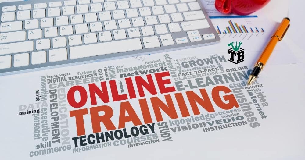 Best Affiliate Marketing Training Courses — Online Training Word Cloud on Office Scene.