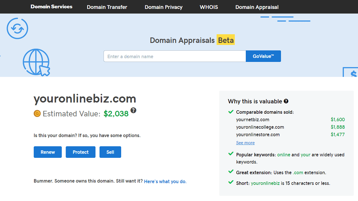 Domain Appraisals Tool from GoDaddy.