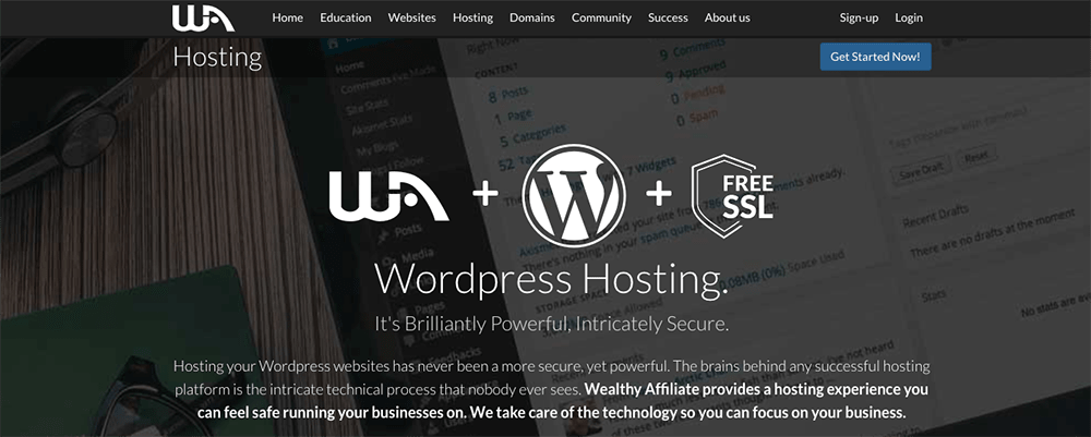Best Web Hosting Companies — Screenshot of Wealthy Affiliate Hosting Homepage.