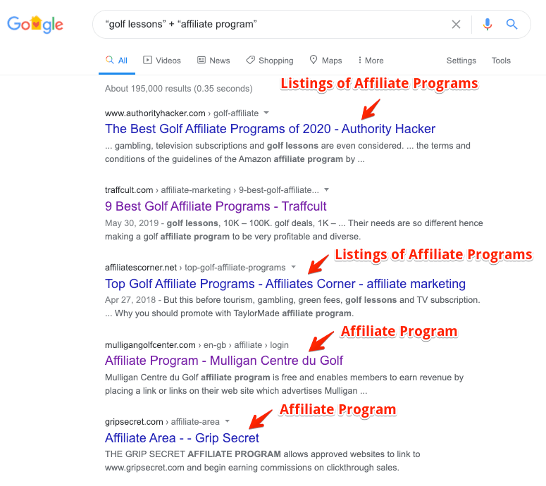 Find an Affiliate Marketing Niche — Google Search Results for Affiliate Programs in the Golf Niche.