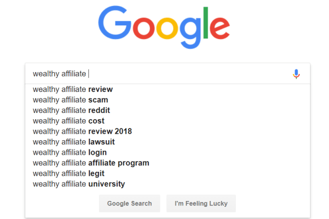 How to Avoid Affiliate Marketing Scams — Screenshot of a Google Search Suggest for Wealthy Affiliate.