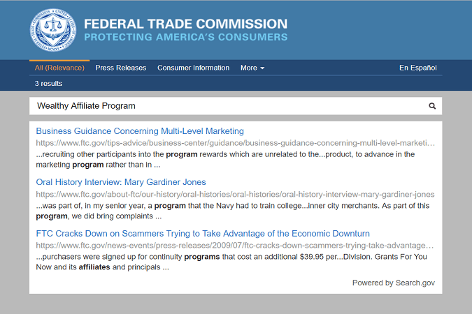 Screenshot of the Result for Wealthy Affiliate Program on FTC Website.
