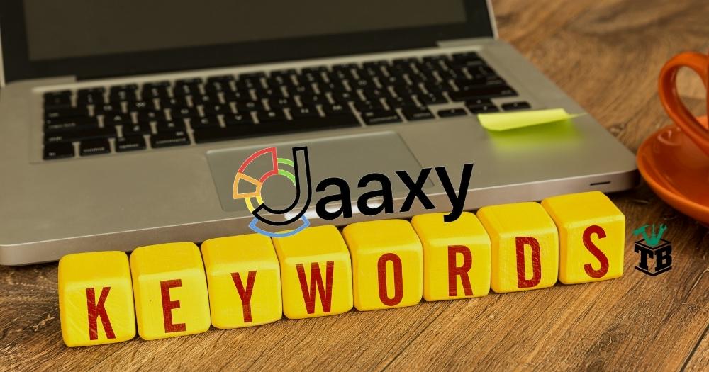 Jaaxy Keyword Research Tool Review — Keywords Written on Wooden Cube in Font of a Laptop.