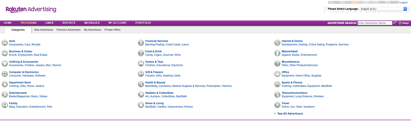 Rakuten Affiliate Network Review — Screenshot of the Niche Categories.